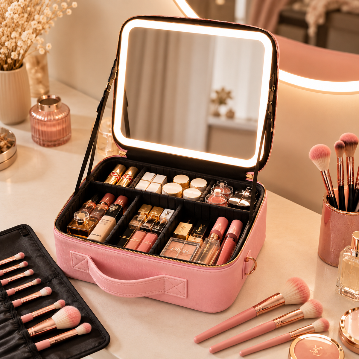 Maletín de Maquillaje Luveqia™ con Espejo LED | Organizador Profesional