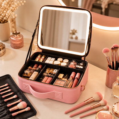 Maletín de Maquillaje Luveqia™ con Espejo LED | Organizador Profesional