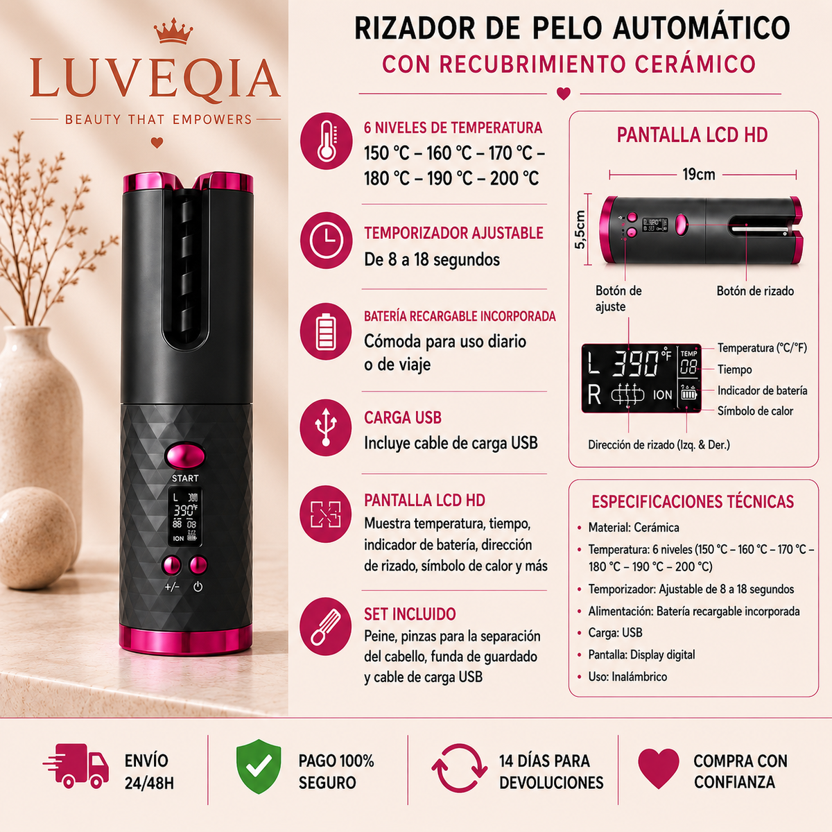 Rizador Automático LUVEQIA™ | Rizos Perfectos en Minutos